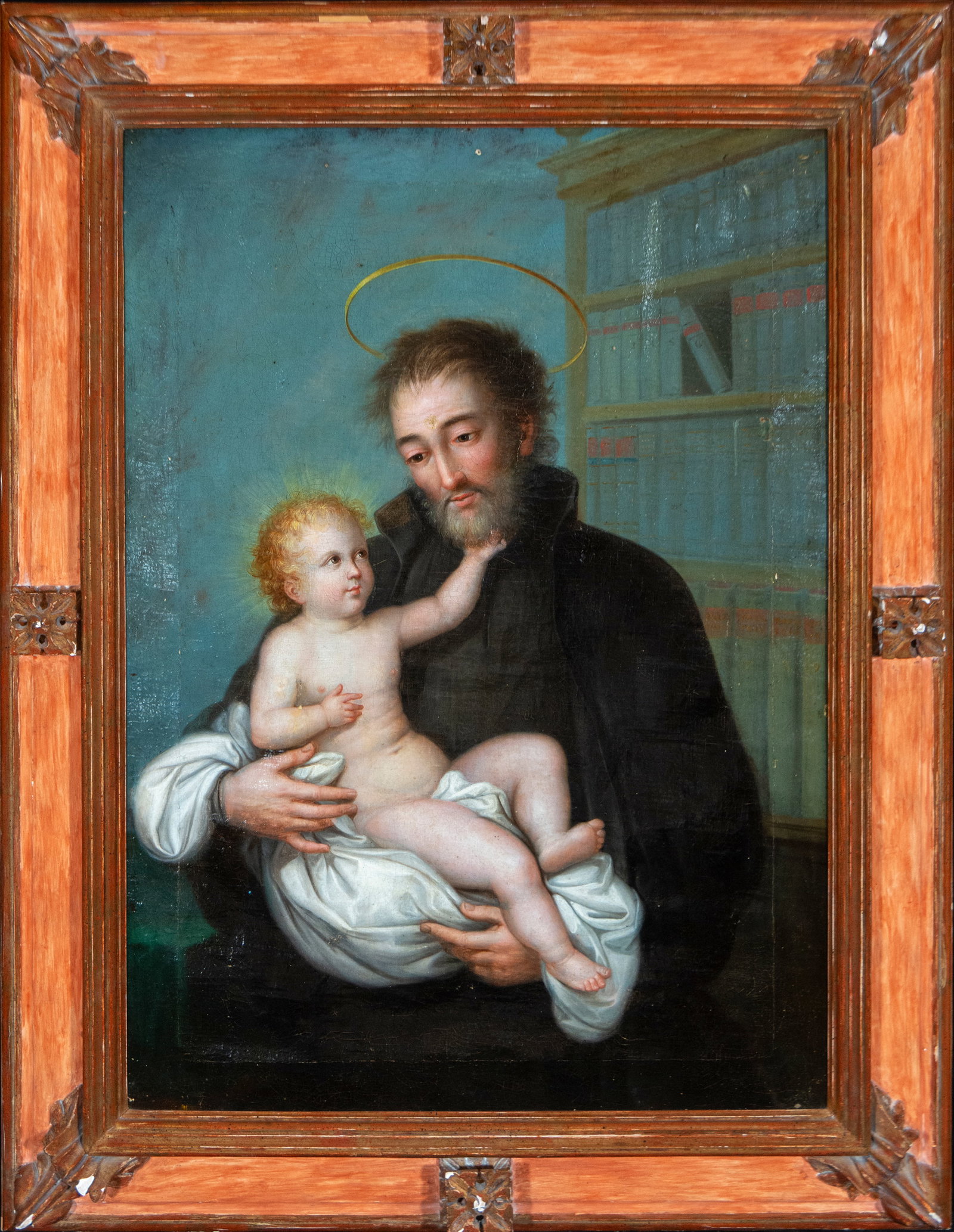 17th Century Mexican School - Saint Anthony with Child: Measurements: 76 cm x 55 cm; 97cm x 75cm.
