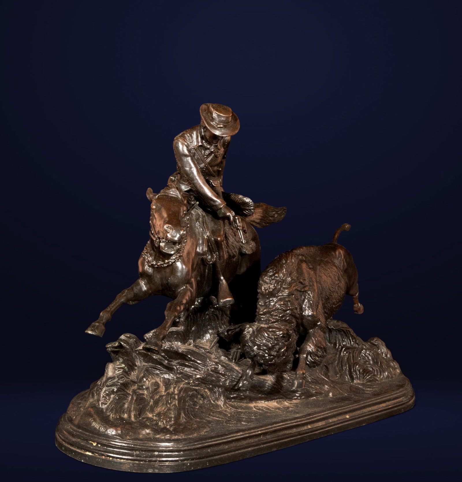 Isidore Bonheur - Cowboy Hunting Bison, Large Signed Bronze - French School: Measurements: 39 cm x 21 cm x 56 cm.