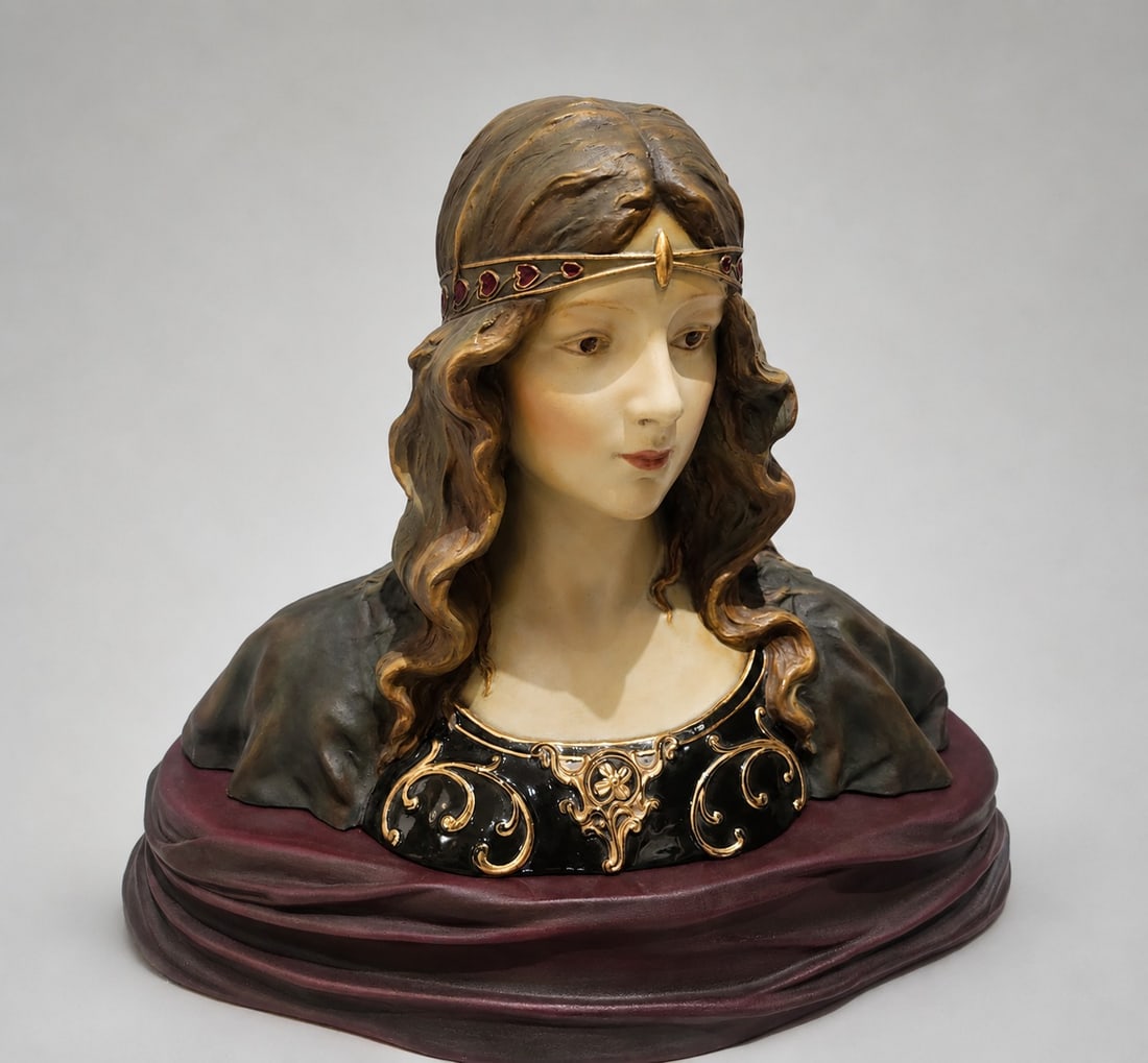 Art Nouveau female bust, signed H. Jacobs, Franco-Belgian School, circa 1900: Polychrome terracotta. Measures 32 x 36 cm. A female bust of refined Art Nouveau aesthetics, conceived with an elegant stylization of features and a marked decorative sensibility characteristic of the