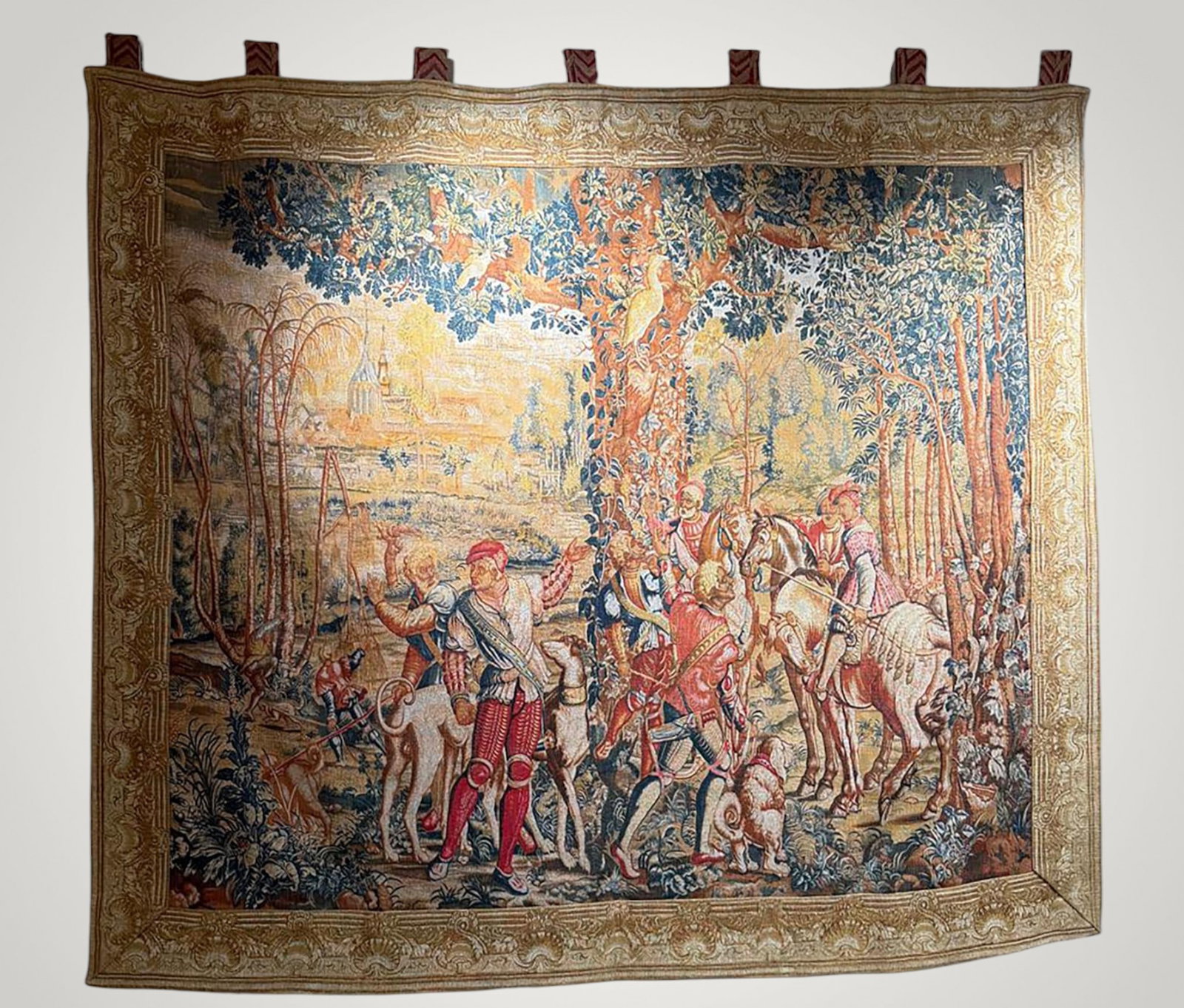 French tapestry “Maximilian's Hunt??, Rambouillet Workshop, French School, 18th century: Woven and polychrome tapestry. Measures 55 x 177 cm. An important French decorative tapestry inspired by the celebrated "Hunting of Maximilian" series, housed in the Gobelins Museum at the Château de