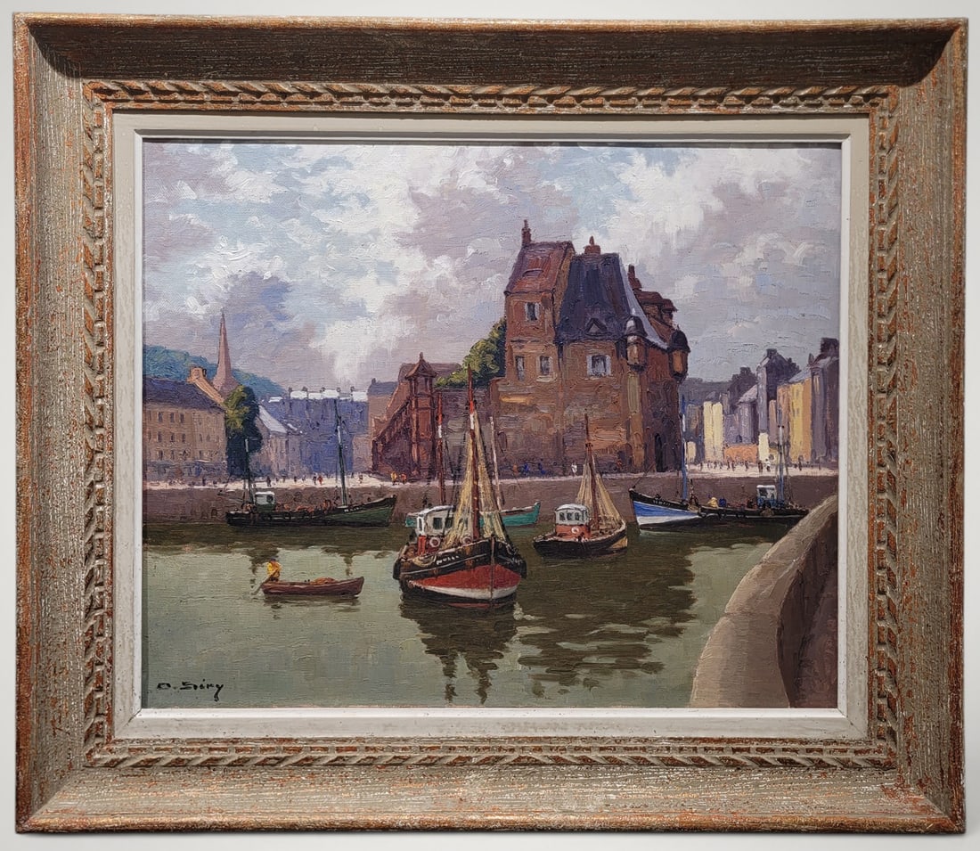 The Port of Honfleur with the Lieutenance, Signed Olivier Sery, French School, 20th Century: Oil on canvas. Dimensions 50 x 60 cm; 67 x 78 x 9 cm. A harbor view of Honfleur, centered on the historic Lieutenance building, is conceived with a luminous and serene atmosphere characteristic of mid