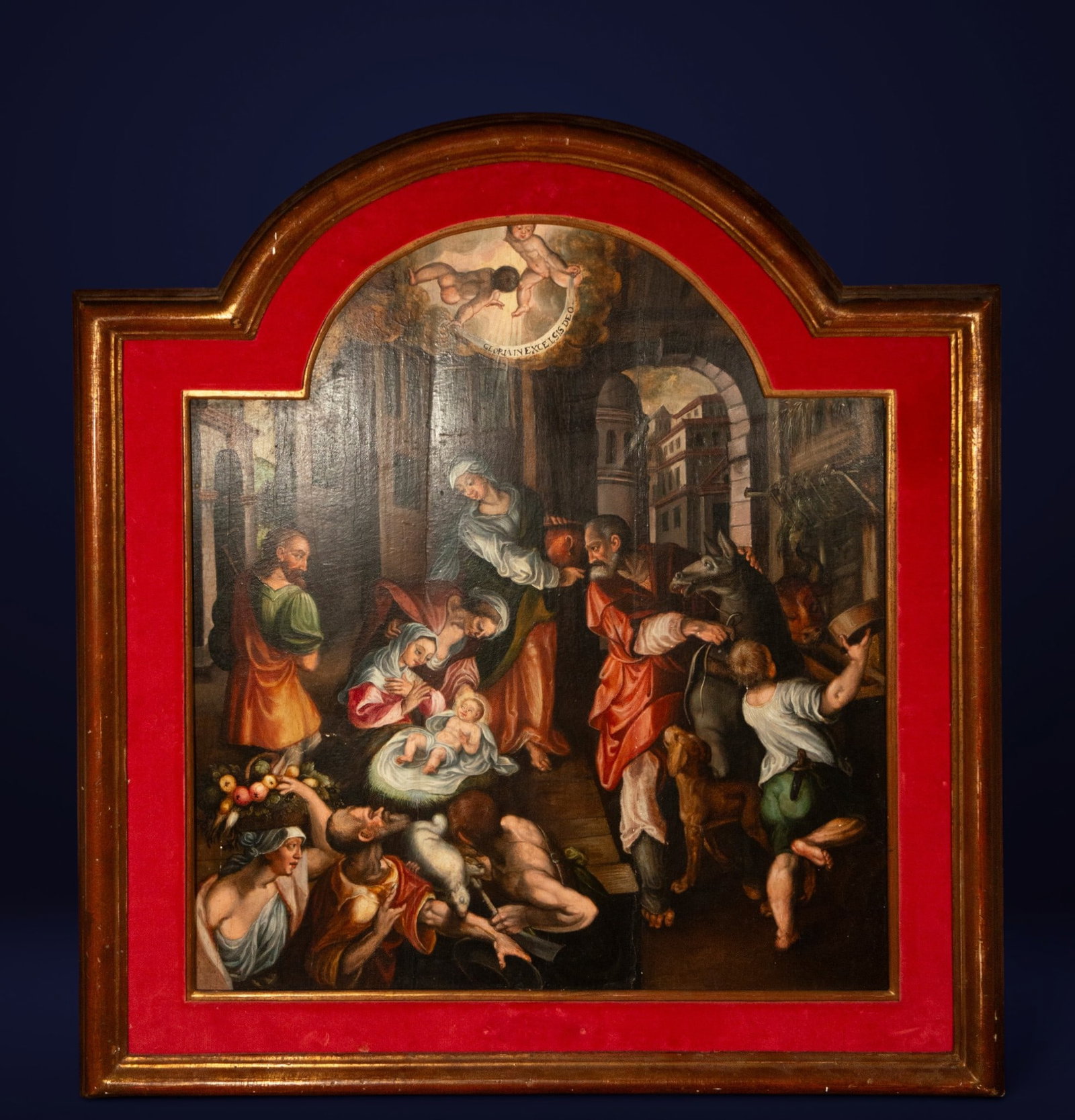 Adoration of the Shepherds, Italian, Early Renaissance, Italy - 16th Century.: Oil on panel. Dimensions: 83 x 82 cm; frame: 104 x 91 cm. Scene of the Adoration of the Shepherds set in an architectural stable open to the urban landscape. In the center, the kneeling Virgin Mary co