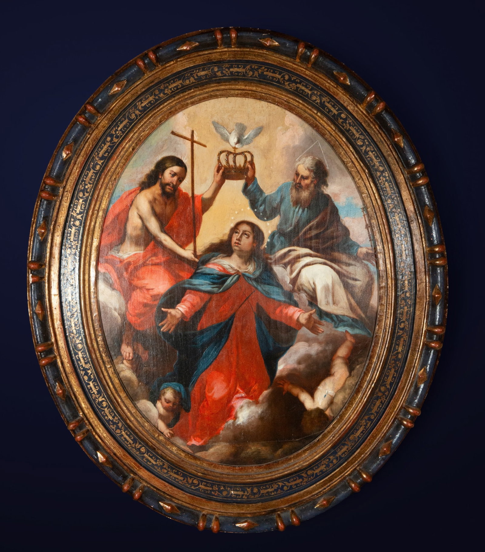 Coronation of the Virgin, Spanish or Italian Master, late 17th Century.: Oil on canvas mounted on panel. Dimensions: 77 x 59 cm; frame: 100 x 83 cm. Religious composition depicting the Virgin Mary ascending among clouds and cherubs as she is crowned by Christ and God the F