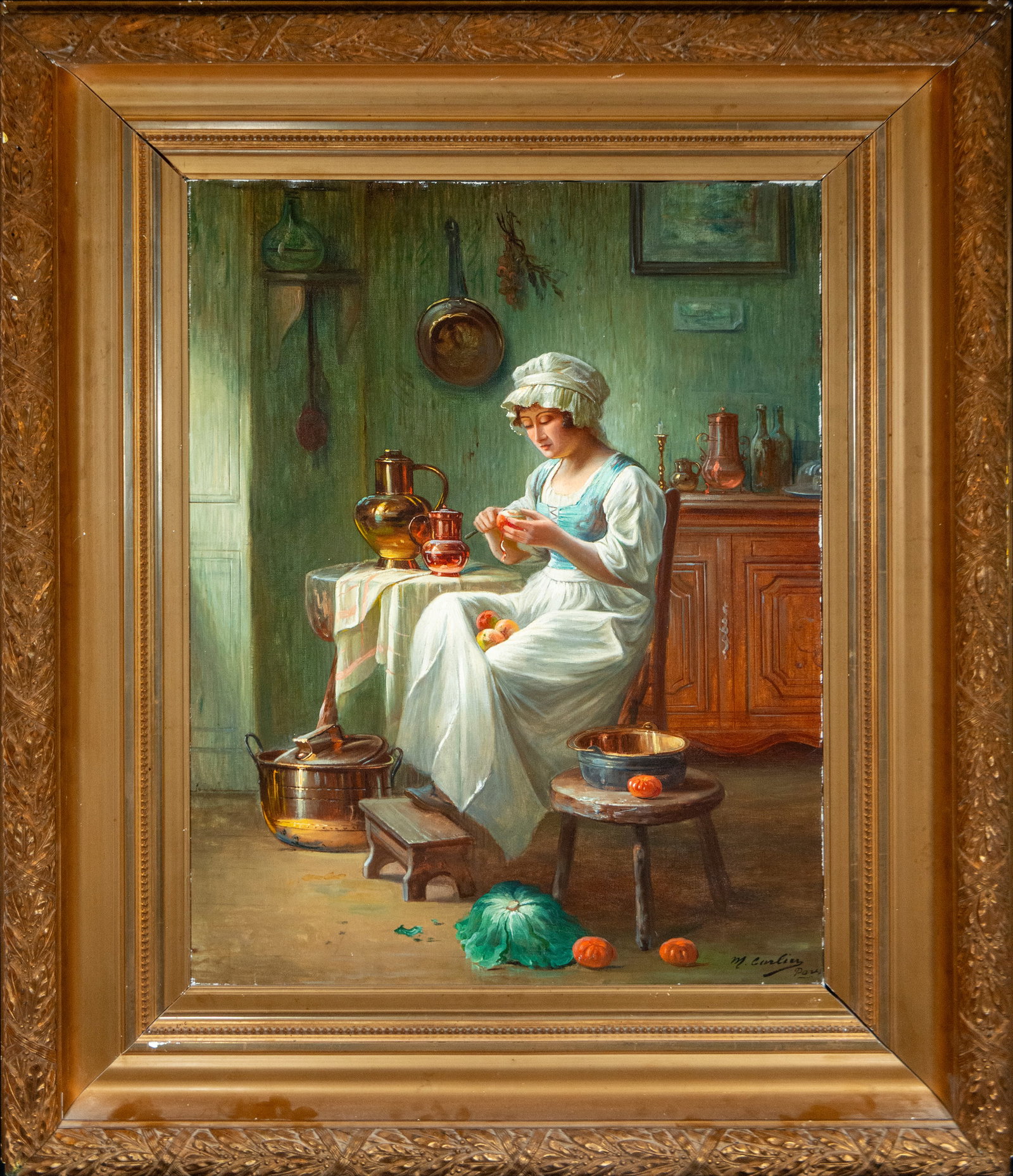Young man peeling fruit indoors, Signed M. Enders, French School, 19th Century.: Oil on canvas. Dimensions: 88 x 62 cm. Domestic interior scene featuring a young woman seated at a table covered with copper vessels and fruit. She wears a white cap and a light-colored dress with blu