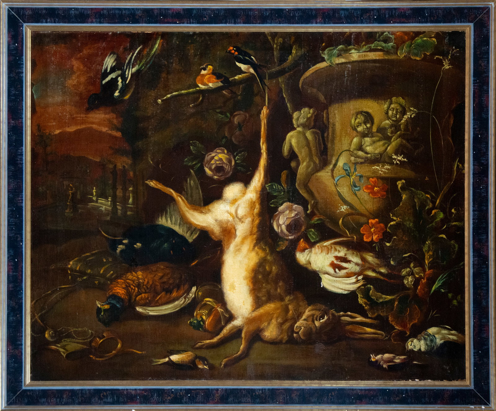 Still life of game and birds with sculptural fountain, Dutch School, late 17th - early 18th century.: Oil on canvas. Dimensions: 100 x 81 cm; frame: 114 x 95 cm. A still life composition depicting hunting, featuring a hare suspended in the foreground surrounded by game birds, metal containers, flowers