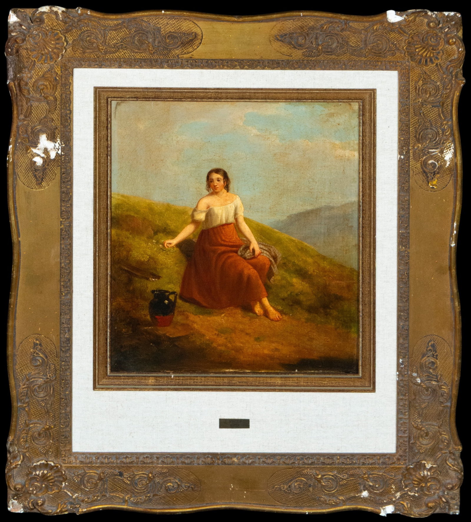 Woman seated in landscape, Signed Joseph Rhodes, European School, 19th Century.: Oil on canvas. Dimensions: 48 x 38 cm; frame: 82 x 75 cm. Scene with a young woman seated outdoors on a hillside, dressed in a white off-the-shoulder blouse and red skirt. The figure holds a garment i