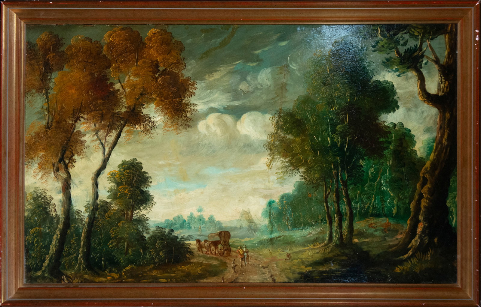 Wooded landscape with road and cart, Flemish School, 19th century.: Oil on canvas. Dimensions: 99 x 59 cm; frame: 109 x 69 cm. Wooded landscape with a central path traversed by a cart and small figures, flanked by tall trees with dense canopies. To the left, a wooded 