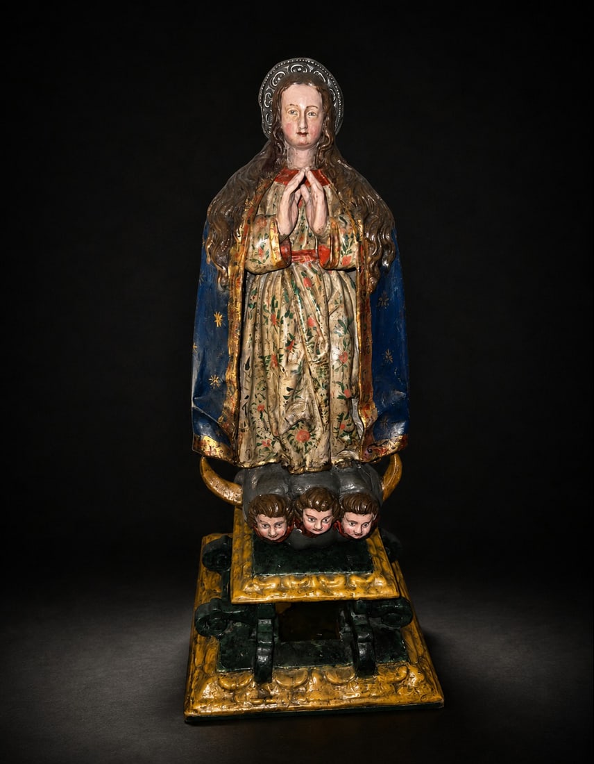 Immaculate Conception, workshop of Gregorio Fernández, Castilian School, 17th Century.: Polychrome wood sculpture. Dimensions: 75 cm high. Image of the Immaculate Conception standing on an architectural pedestal, with her hands clasped in prayer and her gaze directed forward. The Virgin 