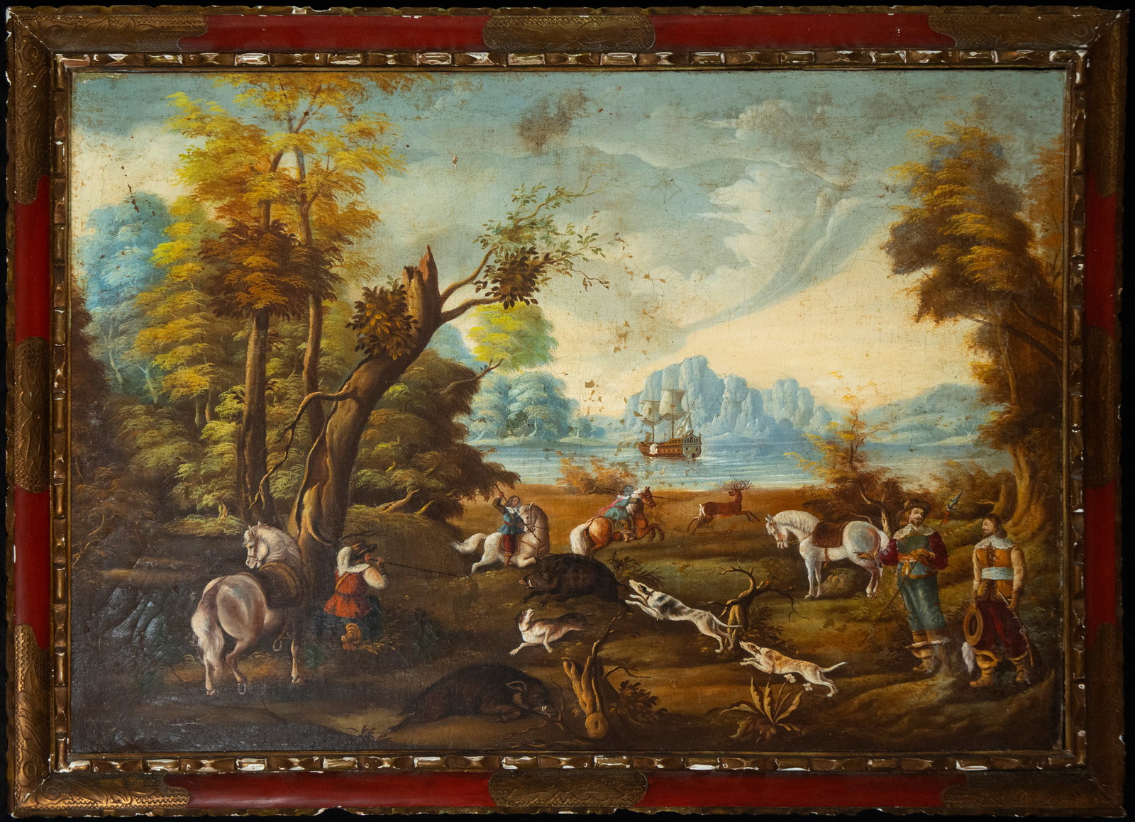 Hunting scene, Flemish School, 18th century: Oil on canvas. Dimensions: 120 x 84 cm; 135 x 100 cm. A sweeping hunting scene set in a wooded landscape bisected by a body of water and bathed in a luminous, Nordic-inspired atmosphere. Several gentl