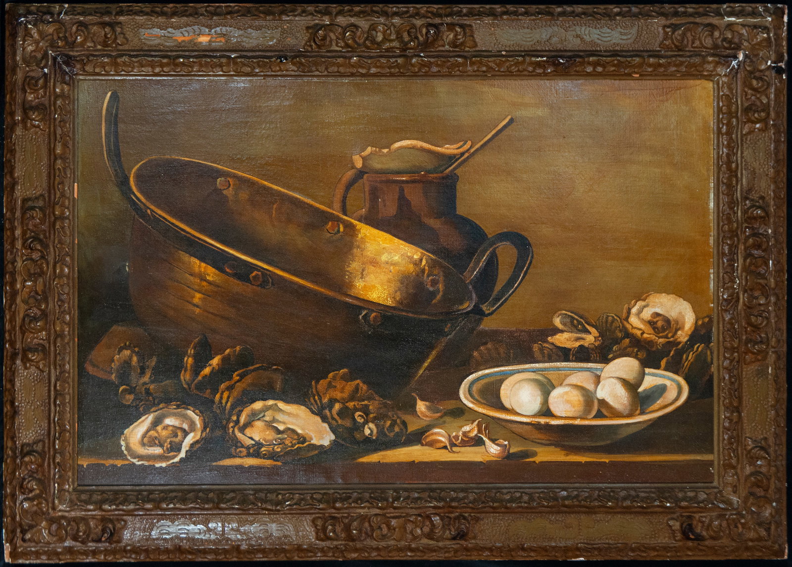 Kitchen still life, European school, 19th century.: Oil on canvas. Dimensions: 52 x 80 cm; 67 x 96 cm. Kitchen still life composed of copper utensils, open oysters, walnuts, garlic, and a plate of eggs arranged on a wooden table. The large metal cauldr