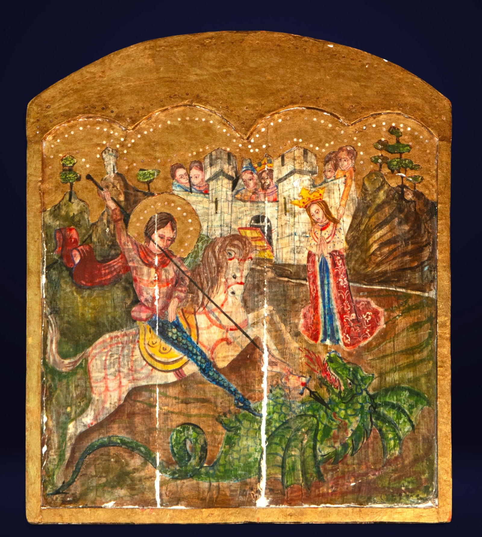Saint George and the Dragon, Russian Icon, 19th Century.: Tempera and polychrome on panel. Dimensions: 42 x 35 cm. An icon of Eastern tradition depicting Saint George on horseback, spearing a dragon of intense green hues, while a crowned princess observes th