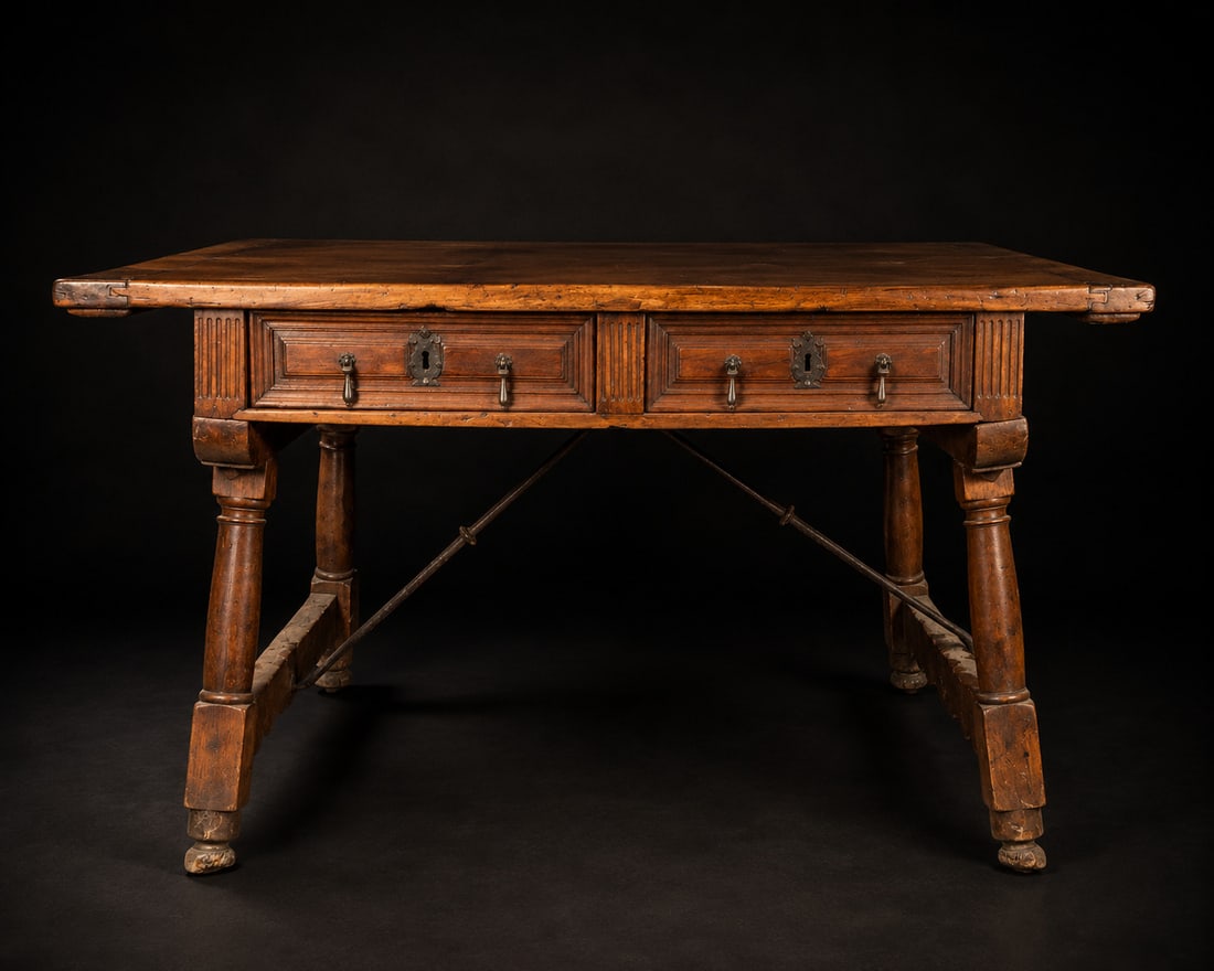 Four-drawer friar's table, Spanish School, 17th century: Carved and assembled walnut wood with wrought iron fittings. Measures 124 x 60 x 94 cm. An exceptional, large-format friar's table made of solid walnut, with a generously proportioned rectangular top 
