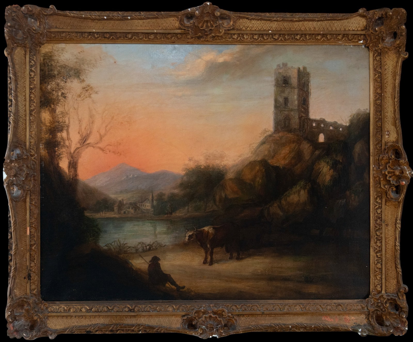 Landscape with ruined tower and pastoral figure. European Romantic school. 19th century.: Oil on canvas. Dimensions: 91 x 73 cm (unframed), 111 x 90 cm (framed). The painting depicts a melancholic landscape at sunset, where a solitary figure rests by a river, while an ox stops to drink in 