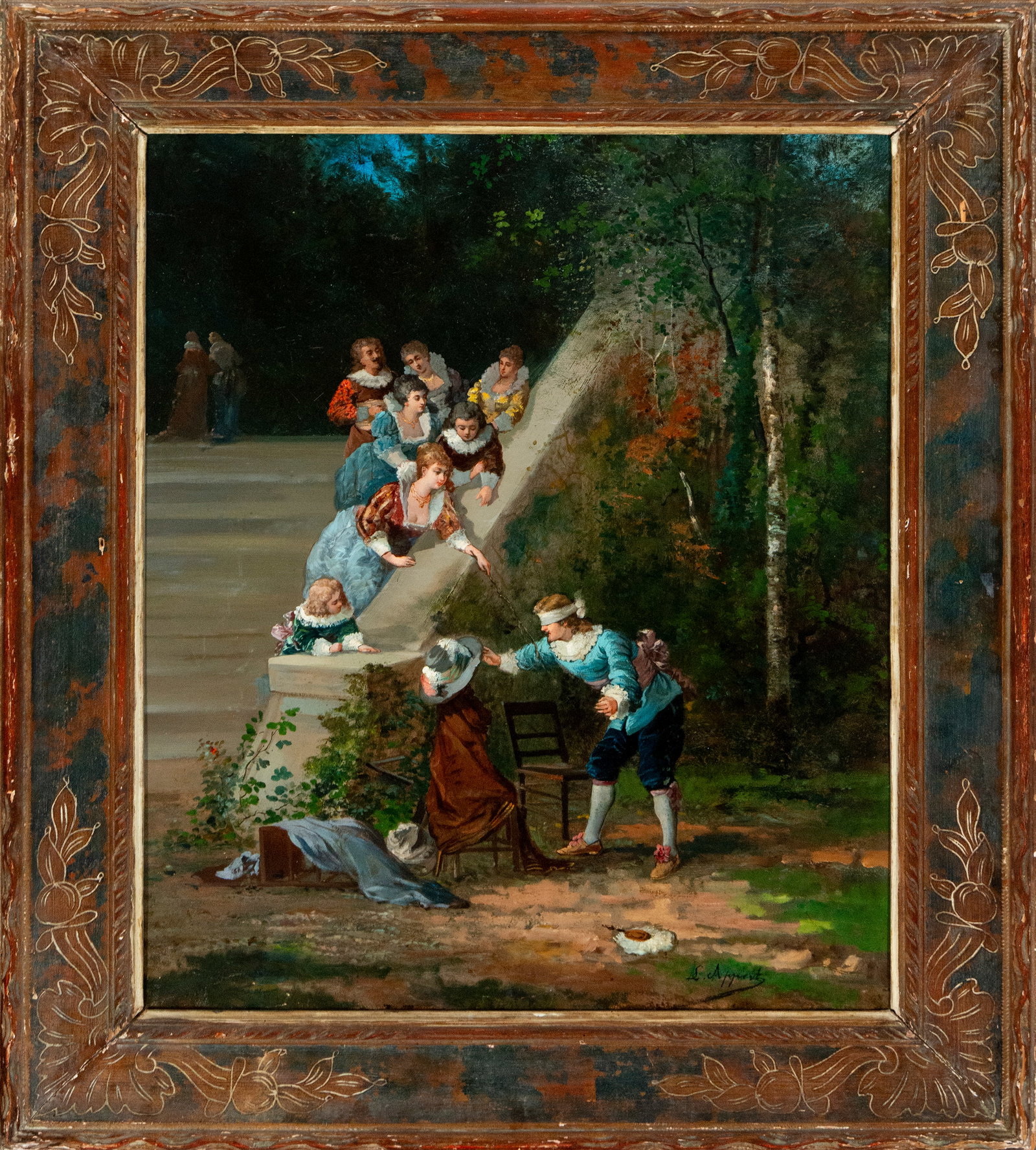 Gallant scene in a garden. Signed L. Appert. French School. 19th century.: Oil on canvas. Dimensions: 75 x 59 cm (unframed), 94 x 81 cm (framed). The painting depicts a gallant scene in a garden setting, featuring a lively group of figures in 18th-century costumes interactin