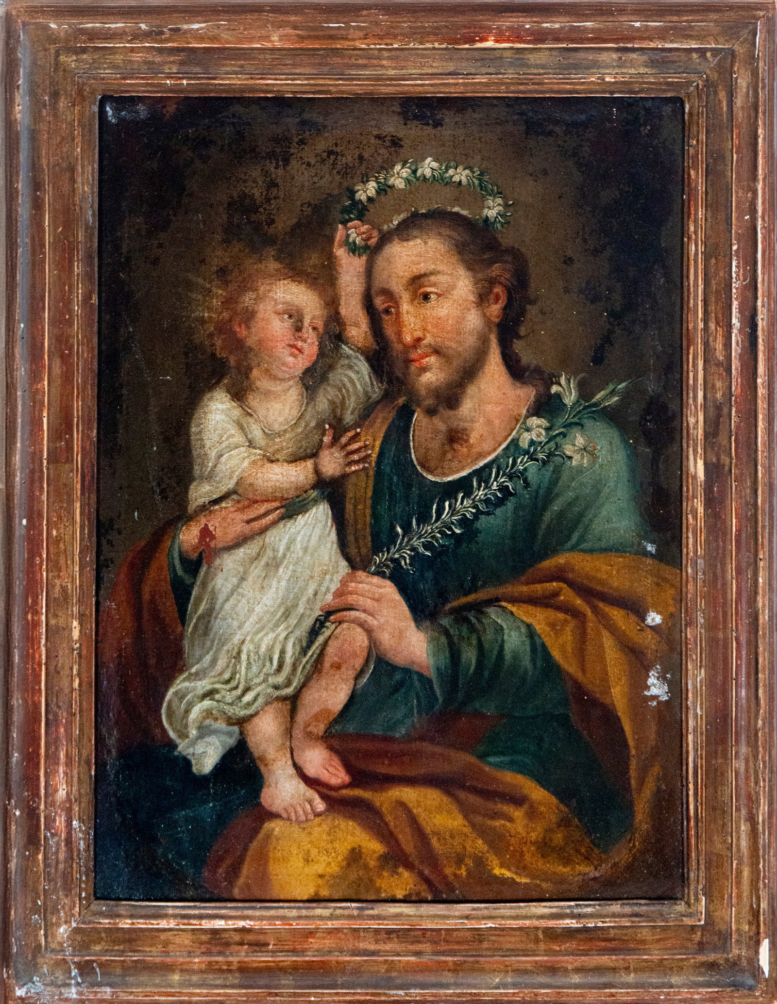 Saint Joseph with the Child. Andean viceregal school. 18th century.: Oil on canvas. Dimensions: 47 x 37 cm unframed, 59 x 49 cm framed. The painting depicts Saint Joseph in a tender and contemplative pose, holding the Christ Child on his lap. The saint, with a serene f