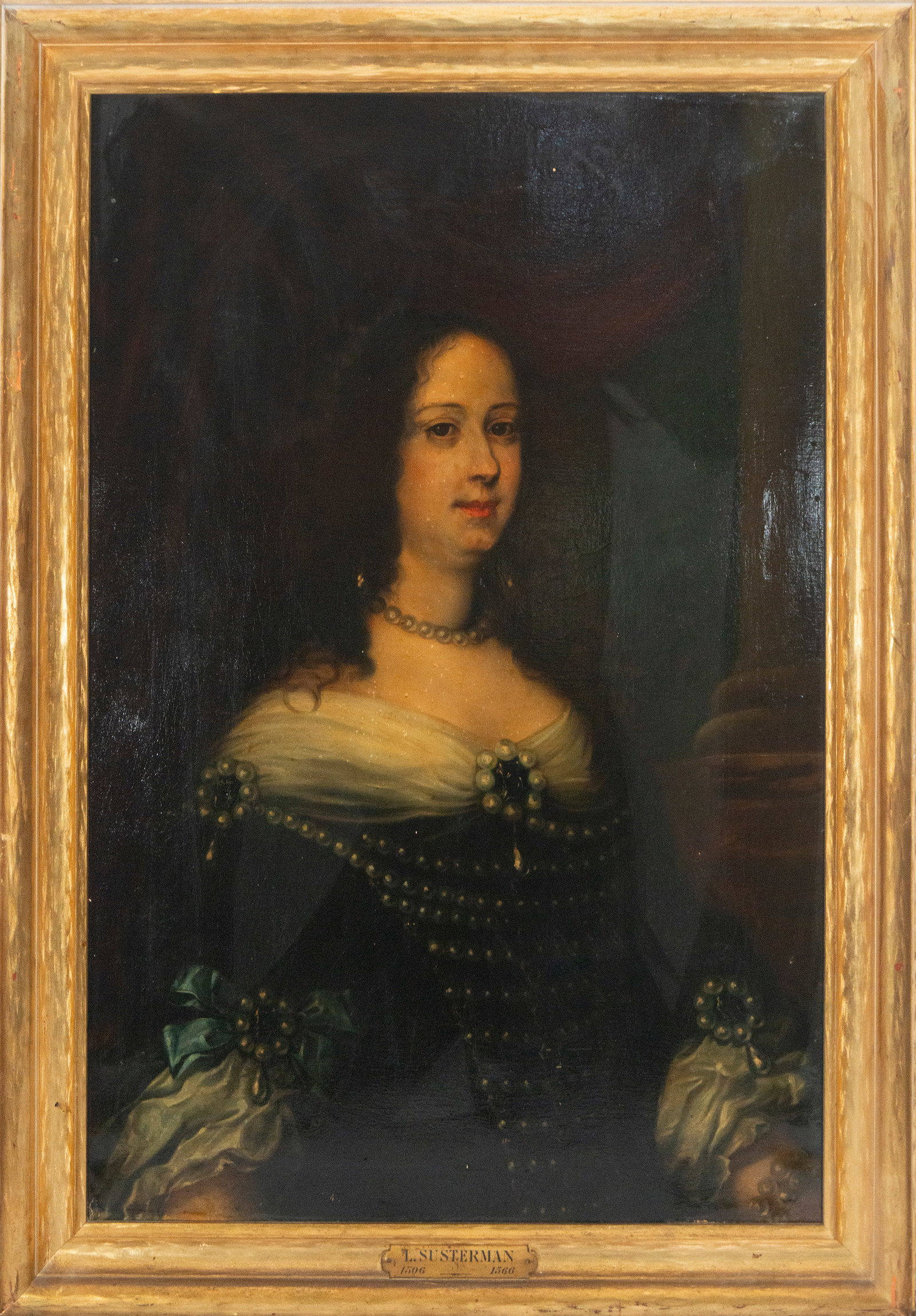 Portrait of a Young Lady. Based on Florentine Renaissance models, 19th century: Oil on canvas. Dimensions: 107 x 76 cm unframed, 91 x 65 cm framed. Half-length portrait of a woman, the main figure is elegantly dressed in a black gown adorned with pearls and green silk ribbons, a 