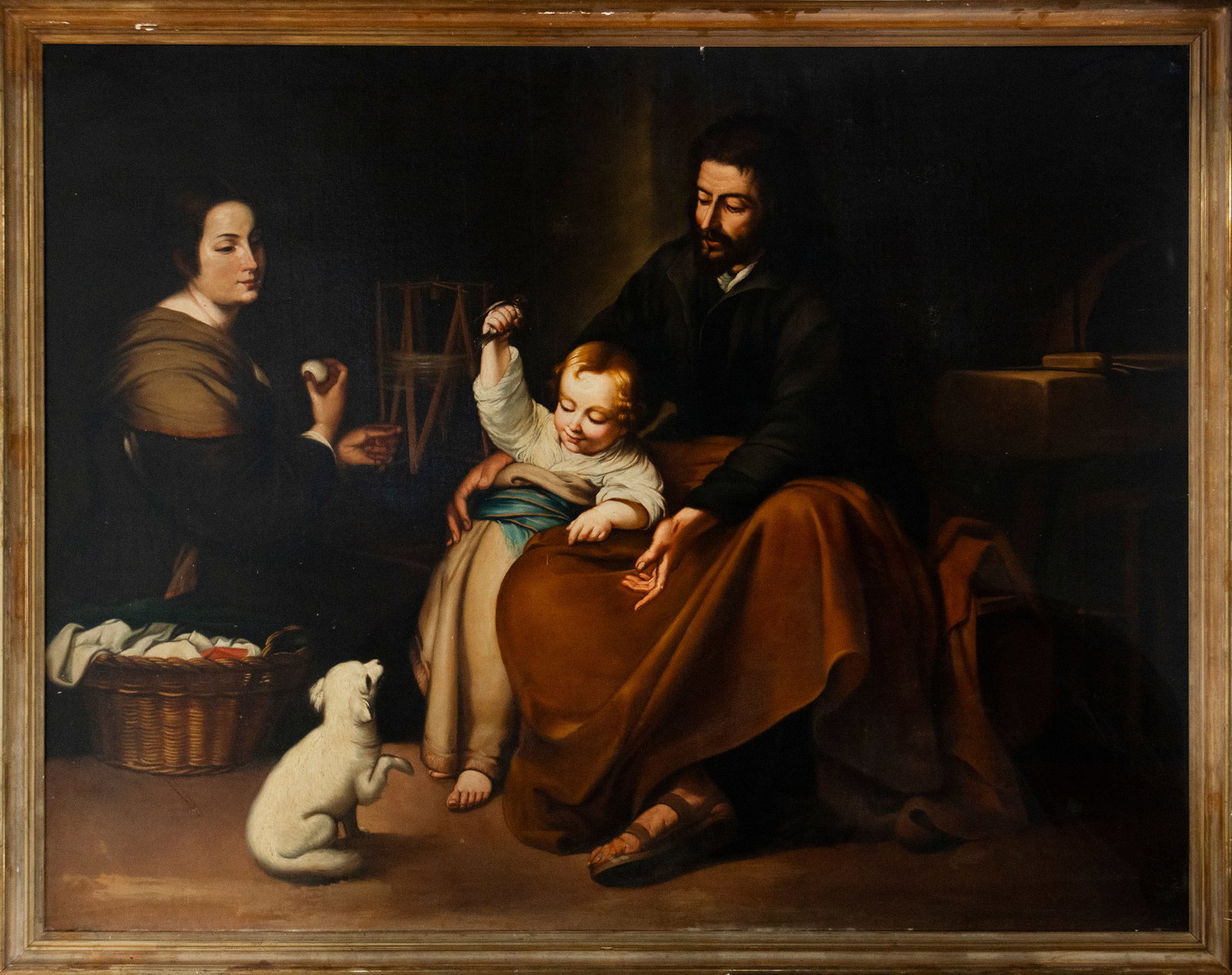 The Holy Family with the Child. Spanish Baroque School. 17th Century: Oil on canvas. Dimensions: 189 x 144 cm and 199 x 157 cm. The scene unfolds an image of the Holy Family in an idealized domestic setting, with the Virgin Mary, Saint Joseph, and the Christ Child in a 