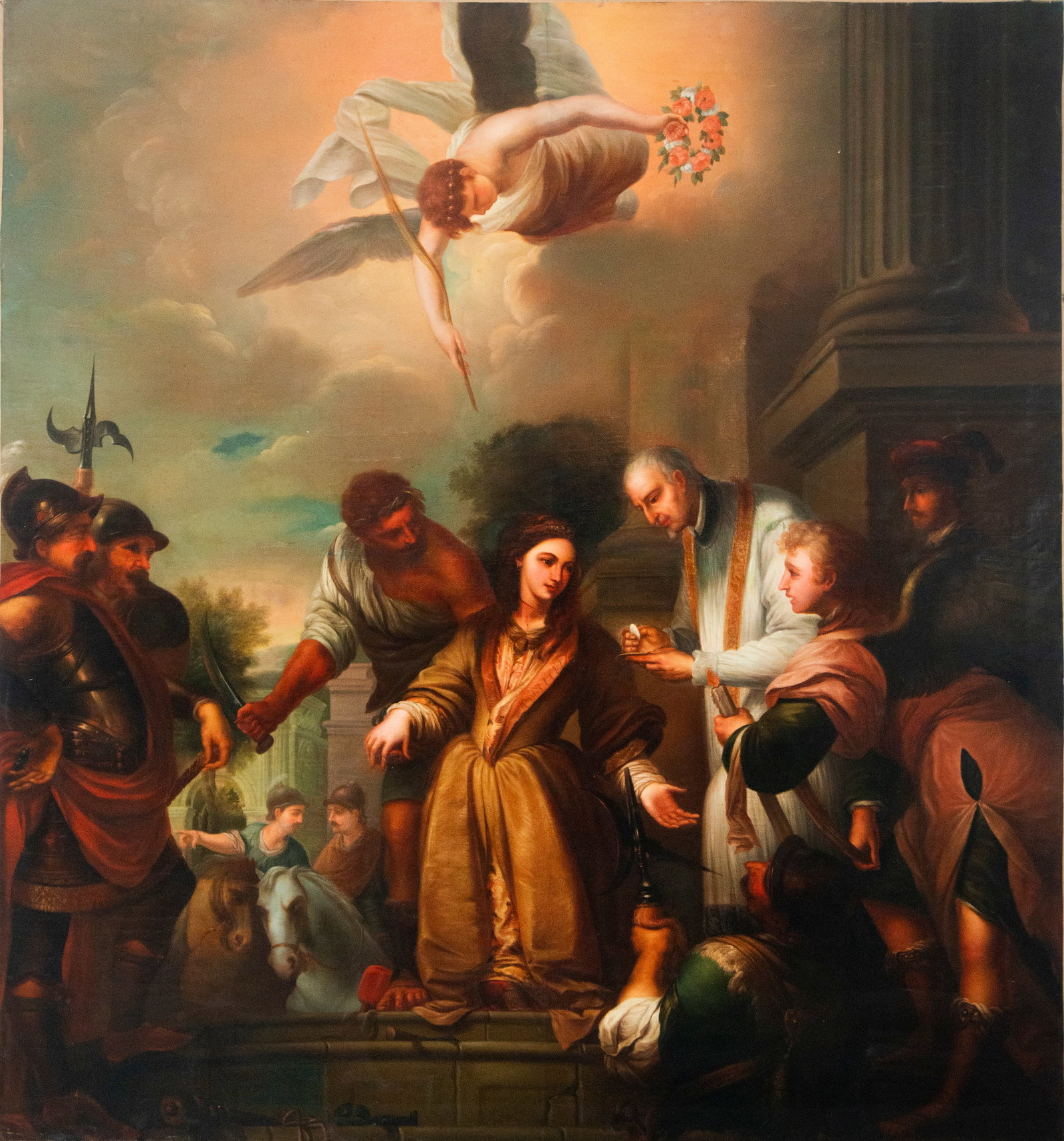 Featured Lot - Artibuable Ramón Bayeu (1744-1793) Spanish Neoclassical School of the 18th century: Oil on canvas. Dimensions: 210 x 196 cm. At the top, an angel bursts into the scene with a beam of light and a floral crown, accentuating the moralizing nature of the narrative. The painting demonstra