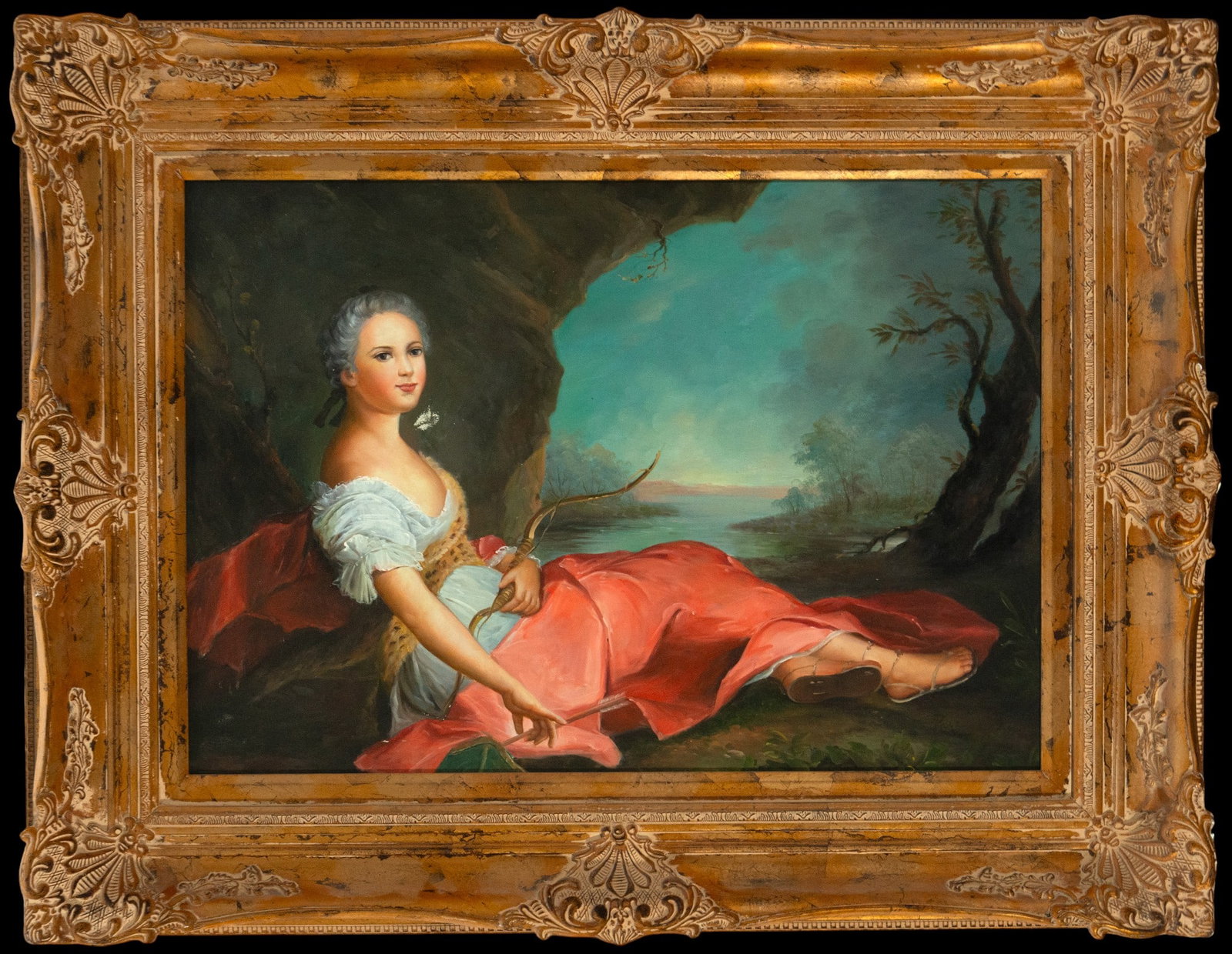 Lady in Landscape. French School. 18th Century: Oil on canvas. Dimensions: 74 x 54 cm (light) / 98 x 76 cm (framed). Full-length portrait of a young lady reclining in an open landscape, with a relaxed and melancholic expression. The figure is dress
