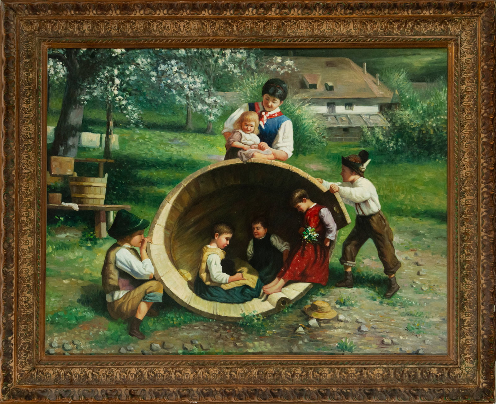 Children playing with barrels. German school. 19th century. Signed V. Grünwald (1 of 5)