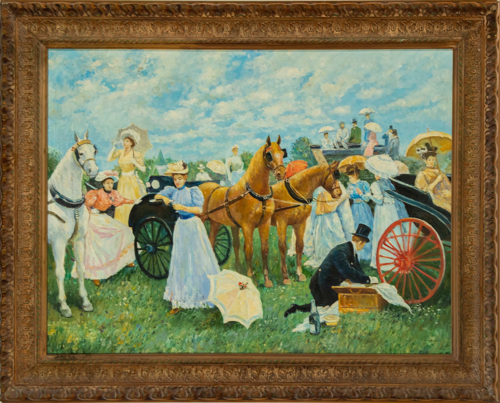 Elegant picnic with carriages. French school. 19th century: Oil on canvas. Dimensions: 120 x 91 cm (light) / 146 x 114 cm (framed). A gallant scene depicting several elegantly dressed figures enjoying a country picnic surrounded by carriages and horses. The fe
