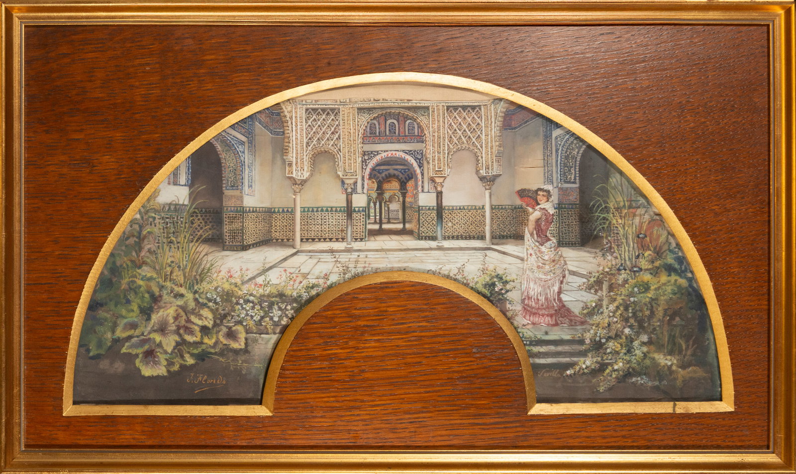 Andalusian genre scene on a fan. Signed. Spanish School. 19th century.: Watercolor on fan-shaped cardboard, framed in wood with a gilt molding. Measurements: 54 × 24 and 64 × 38 cm. The composition depicts an Andalusian courtyard with two female figures in traditional d