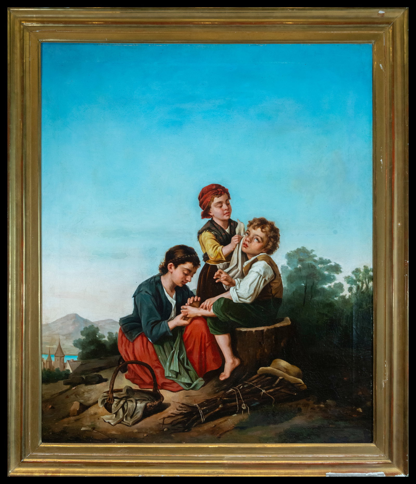 Children in the Field, Italian School, 19th Century: A pastoral scene showing three children in a rural setting, probably in Italy, painted in oil on canvas in the 19th century. The children are absorbed in their tasks, with the mountainous landscape an