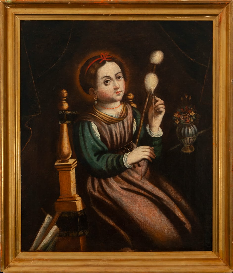 Virgin Mary as a child, spinning, Spanish school, 17th - 18th centuries: Oil on canvas. Measurements without frame: 60 x 50. Measurements framed: 69 x 59.