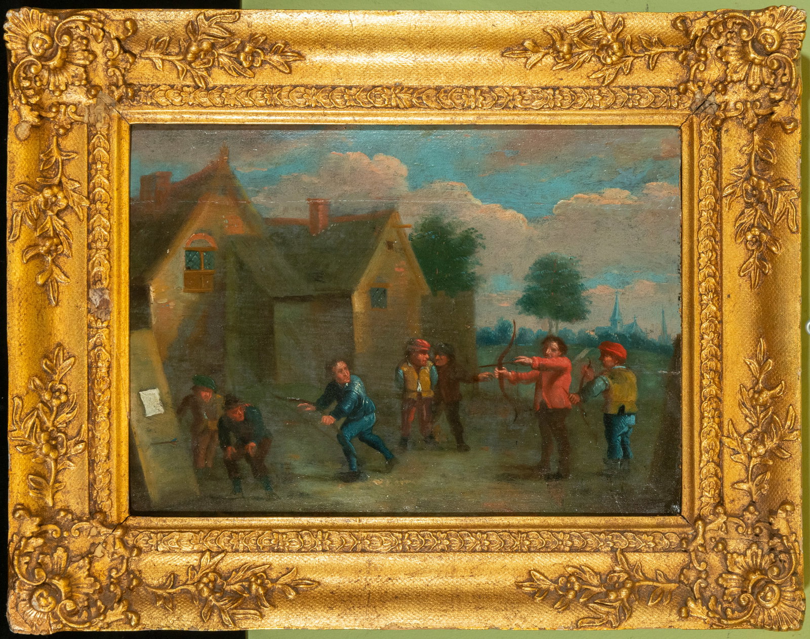 Children's Game, Dutch School, 17th Century: A lively scene in oil on canvas depicting a group of children playing in front of a house. The painting, from the Dutch School of the 17th century, shows the children engaged in various games, with an