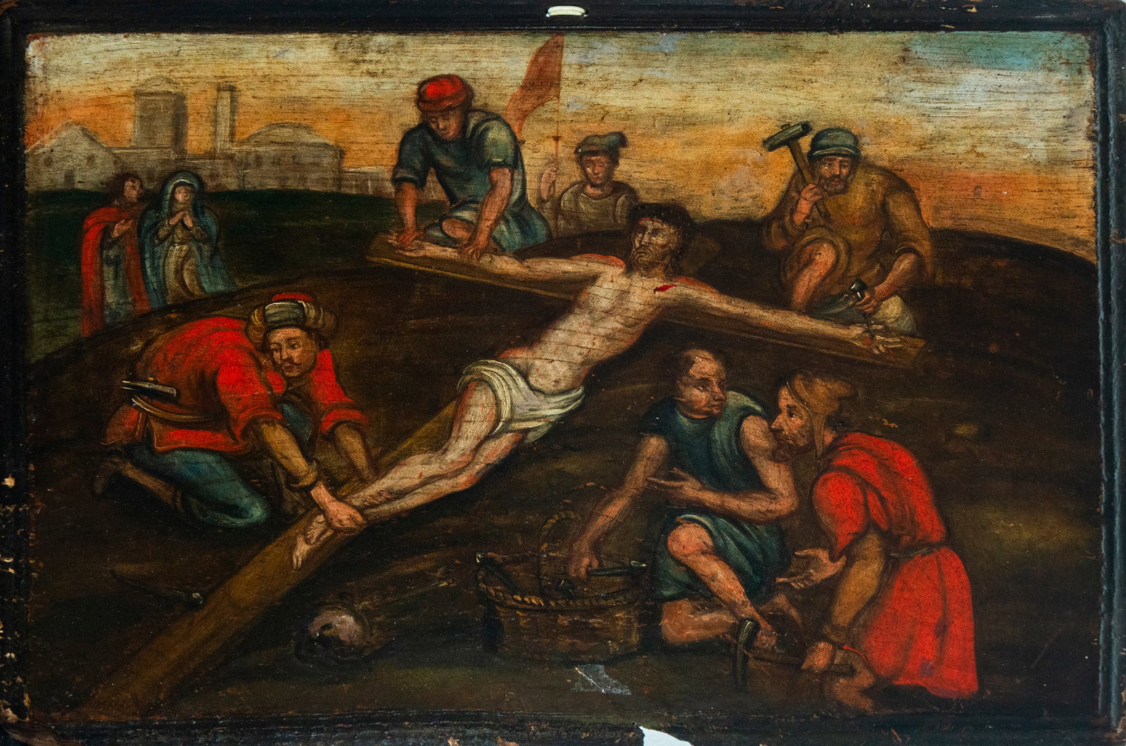 Oil on panel painting The Crucifixion raising the cross: Measurements: 52 cm x 35 cm