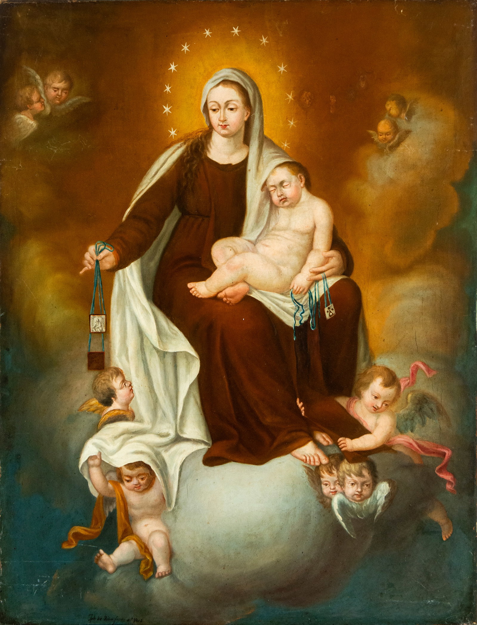 19th Century Neapolitan Italian School - Virgin of Carmen with Child: Measurements: 86 cm x 67 cm