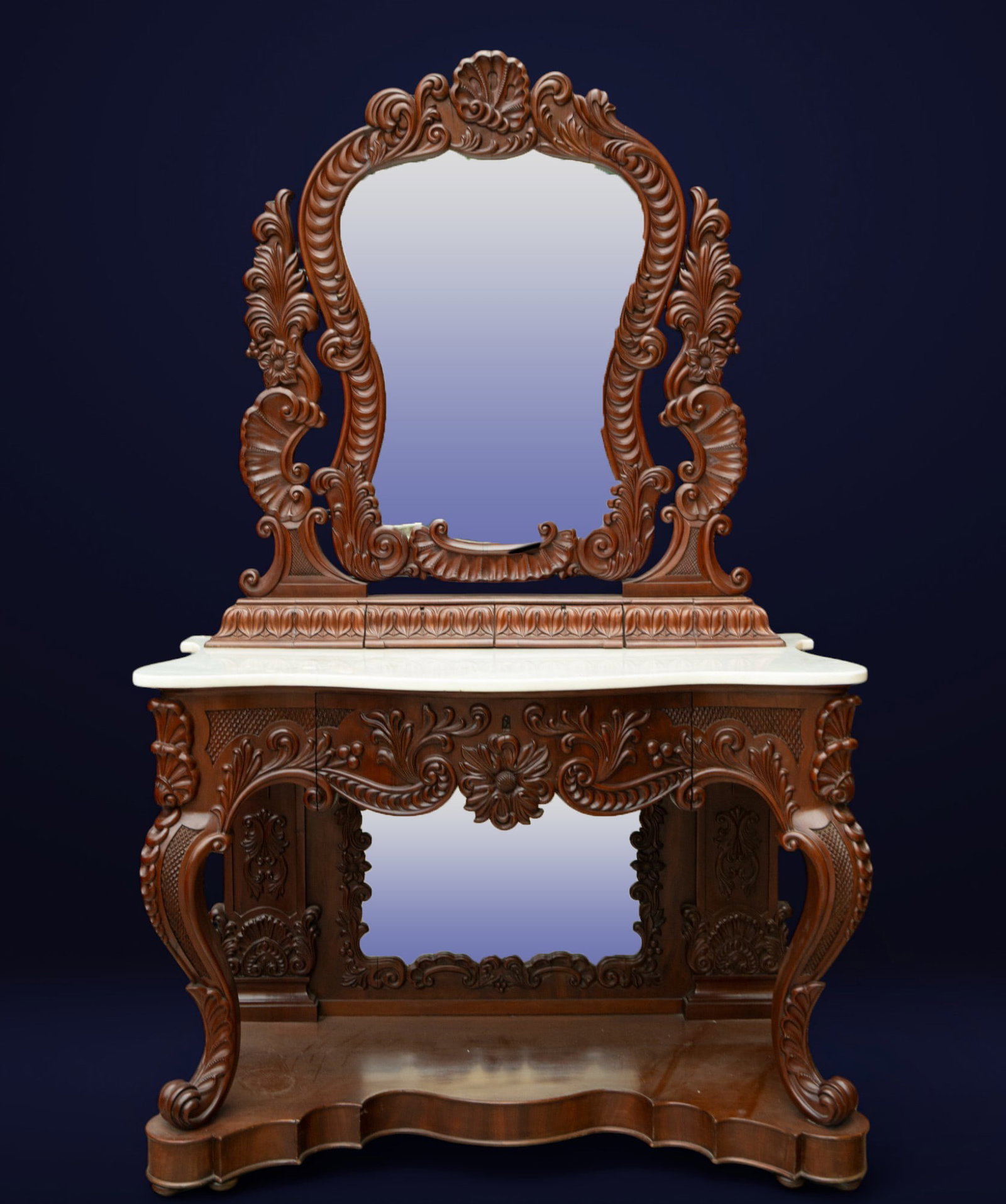 Empire style carved mahogany dressing table/console with marble top and mirror, lemongrass interior (1 of 5)