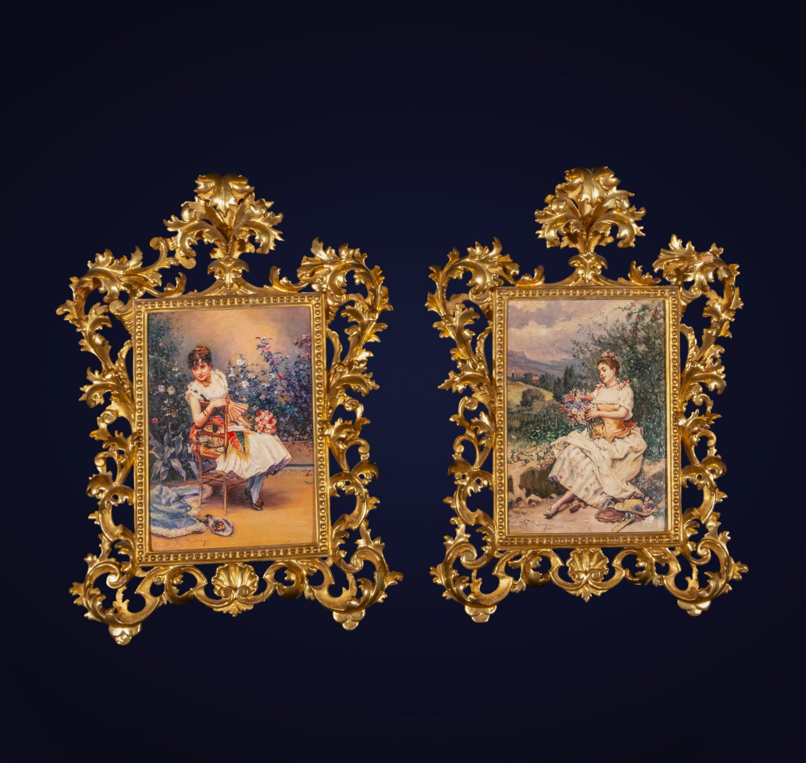 Portraits of Ladies in French Gardens - Raimundo de Madrazo - 19th Century: An exquisite work that captures the grace and serenity of aristocratic life in the 19th-century French countryside. In both pieces, young ladies are presented in idyllic garden settings, dressed in el