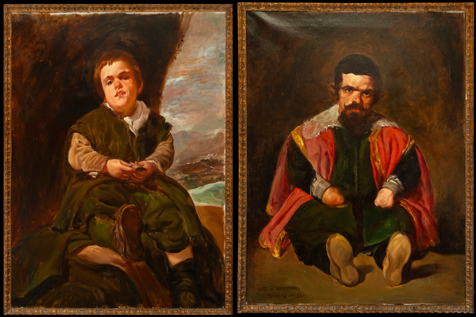 Pair of paintings with dwarfs, 19th century, after Diego de Velázquez: Oil on canvas. Measurements: 107 cm x 84 cm and 113 cm x 89 cm