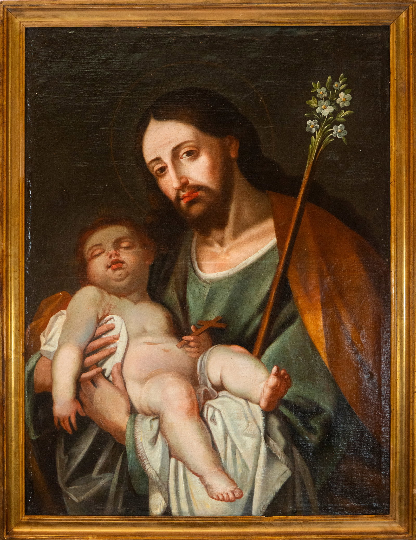 Saint Joseph with Child, colonial school, 17th century: Oil on canvas. Measurements: 86 cm x 64 cm and 95 cm x 73 cm