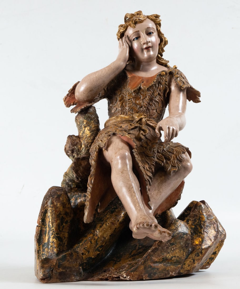 Exceptional San Juanito Hispano Flamenco in carved, polychrome and sgraffito wood, late 16th century: Measures 31 x 25 x 24 cm. Reference bibliography: Elías Tormo y Monzó, Jacomart y el arte hispano-flamenco cuatrocentista (Junta para Ampliación de Estudios e Investigaciones Científicas, Centro d