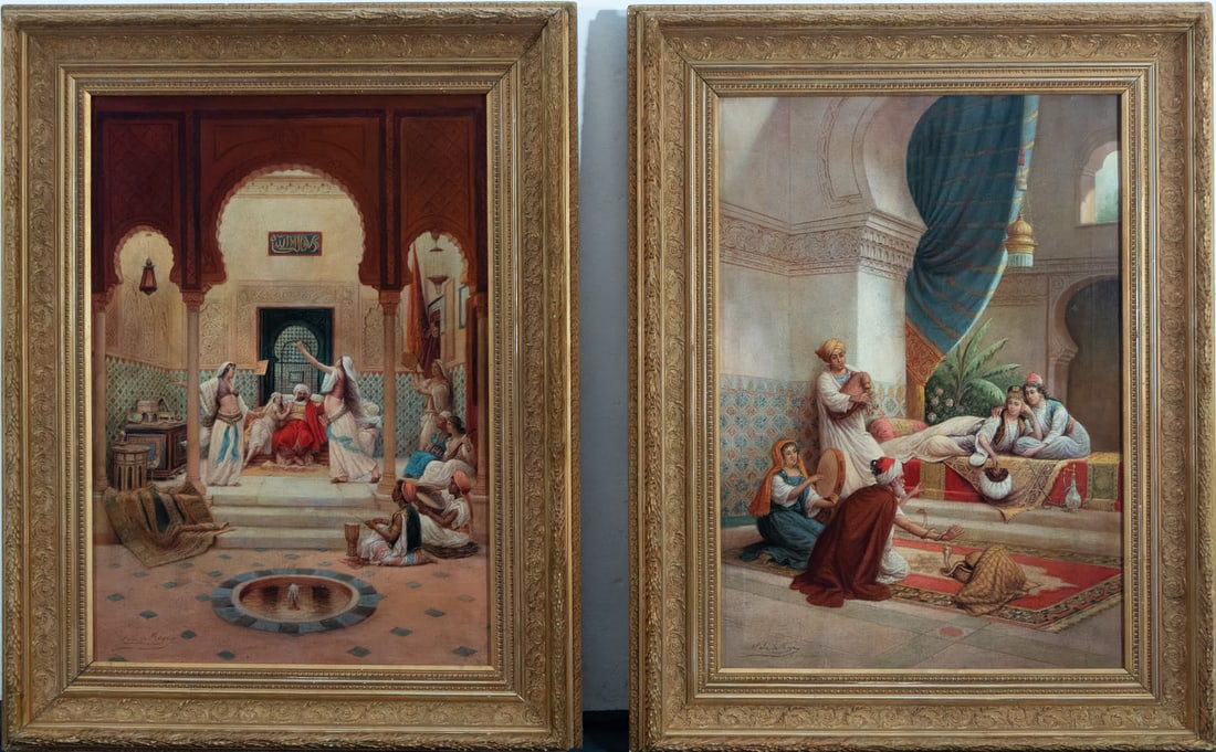 Pair of Orientalist Harem Scenes, José Cala de Moya, 19th century Sevillian school: "The snake charmer and the dancers before the Sultan". Pair of framed oil paintings on canvas. Signed in the lower right corner. Report of Mr. Enrique Valdivieso is attached. Canvas measurements. 80 x