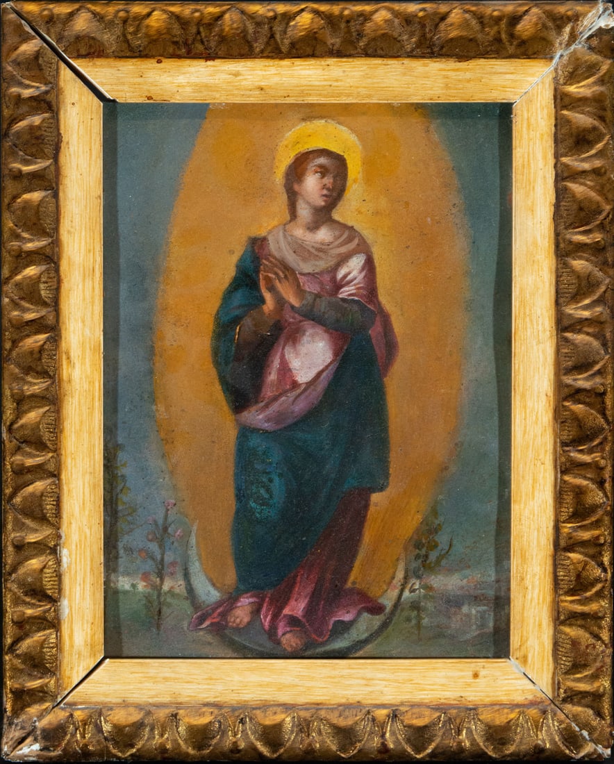 Immaculate Virgin on copper, Spanish Flemish school of the 17th century: Copper measures: 22 x 16, framed: 29 x 23 cm