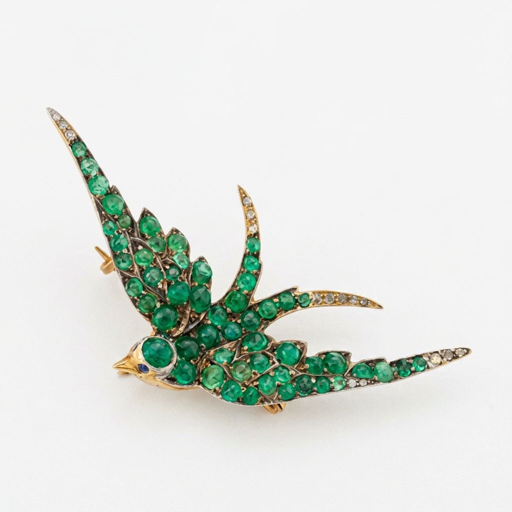 Brooch with emeralds of approx. 8 ct, sapphire eyes of approx. 0.06 ct and rose cut diamonds of 0.15 (1 of 1)
