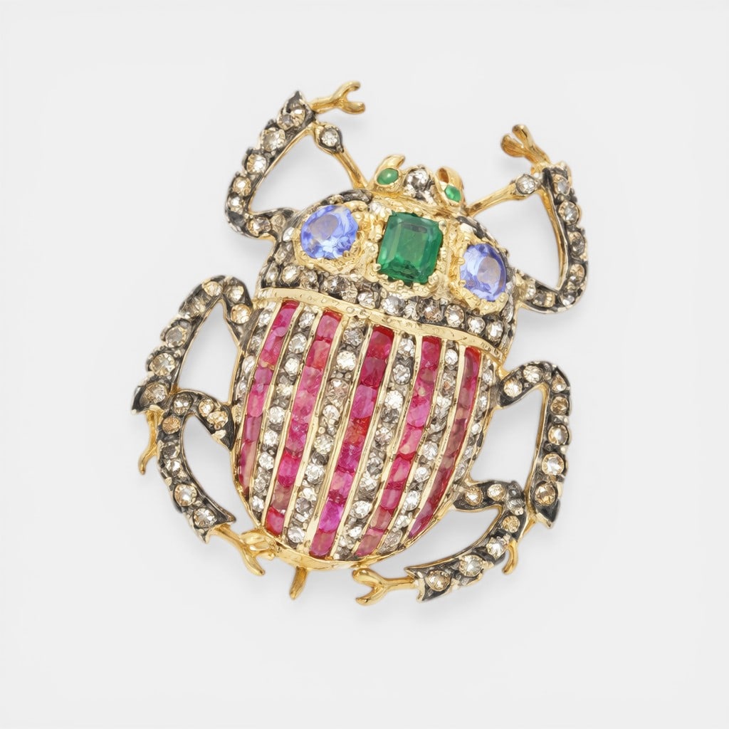 Brooch with natural rubies of approx. 2 ct, tanzanites of approx. 0.50 ct, central natural emerald (1 of 1)