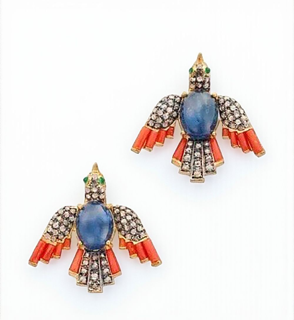 Pair of bird-shaped earrings with sapphires, coral and diamonds: A pair of silver earrings with a gilt finish, designed in a figurative bird motif and embellished with colored stones and rose-cut diamonds. The piece incorporates 112 rose-cut diamonds with a combine