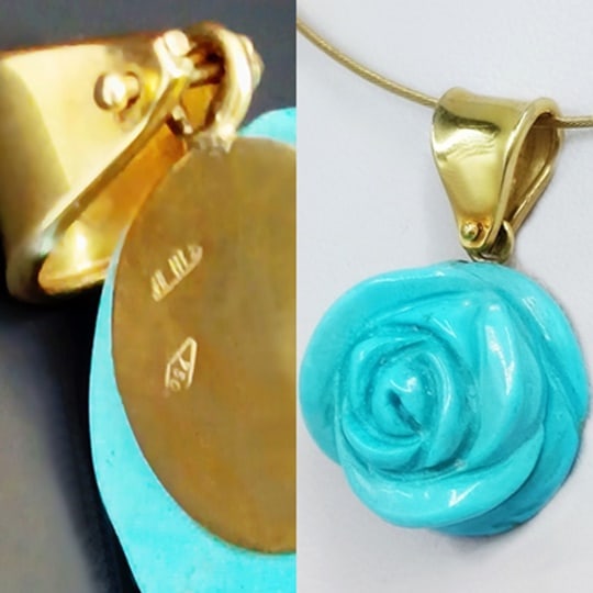 18K gold pendant with flower-carved turquoise, weight 6.9 g. (1 of 6)