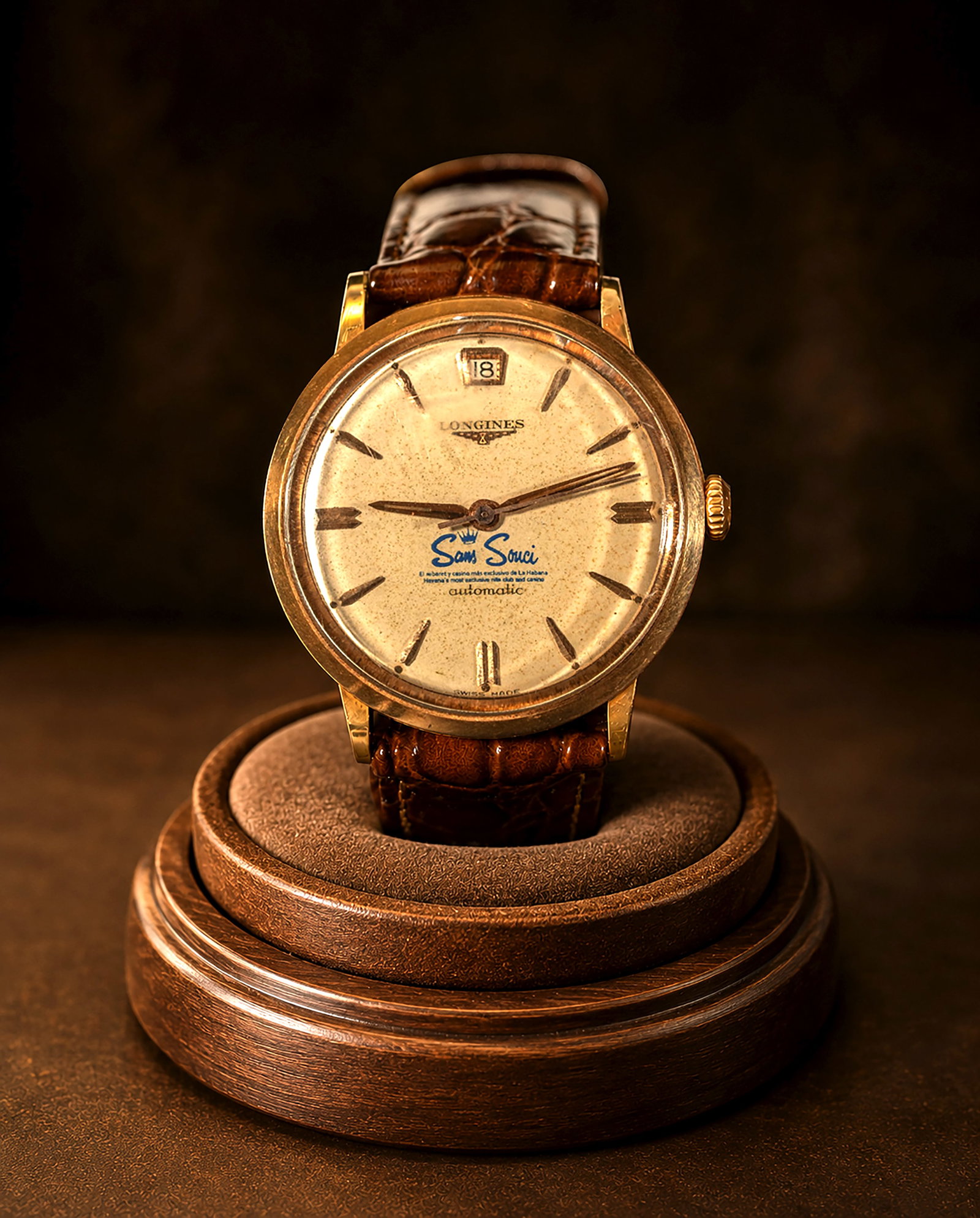 Extremely rare Longines Automatic REF 7008 year 1958-1960, Habana Cuba, 18k gold case: Automatic 24 Rubies Movement cal 7008, 18k gold case. 36mm. The Cabaret Sans Souci was one of the most luxurious, refined, and famous nightclubs and casinos in Havana during the Republic era, re