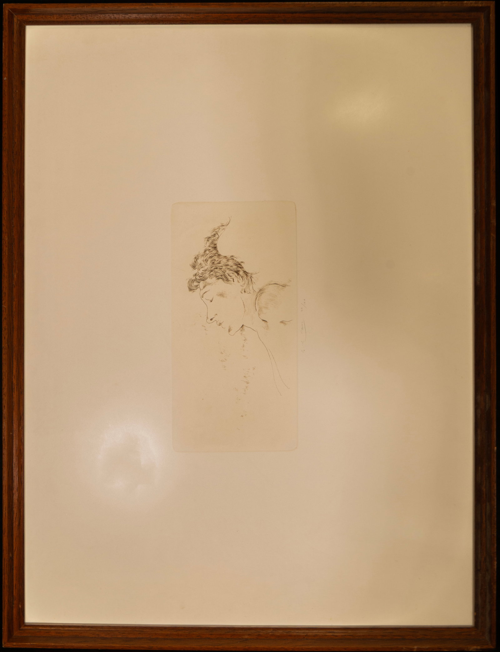 Study of female profile and child figure, European School 20th Century: Engraving. Measures 27 x 13 cm; frame 69 x 53 cm. Vertical composition with delicate linear strokes showing a female face in profile with closed eyes and loose hair, accompanied by a second, barely sk