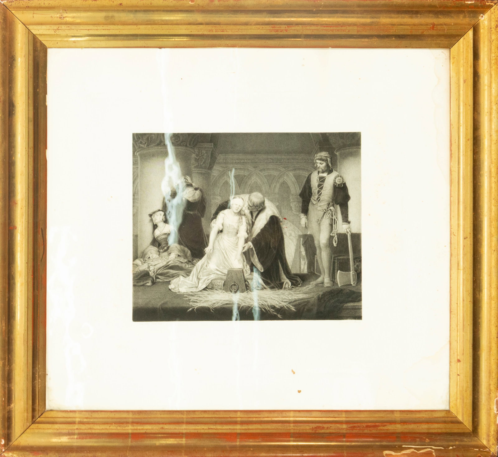 Engraving with period frame. French School. 18th-19th century.: Engraving on paper. Measures 36 x 29 cm. A historical composition depicting a young woman, seated in a dejected pose, being comforted by a group of figures dressed in courtly attire. The Gothic archit