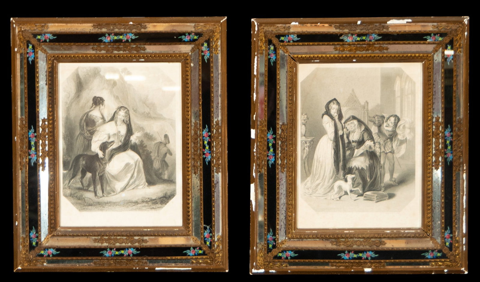 Pair of Romantic engravings. European School. 19th century.: Prints on paper. Dimensions: 29 x 21 cm (print) and 46 x 27 cm (frame). Two scenes of courtly life depicted in great detail and framed in original period frames with mirrors decorated with painted flo
