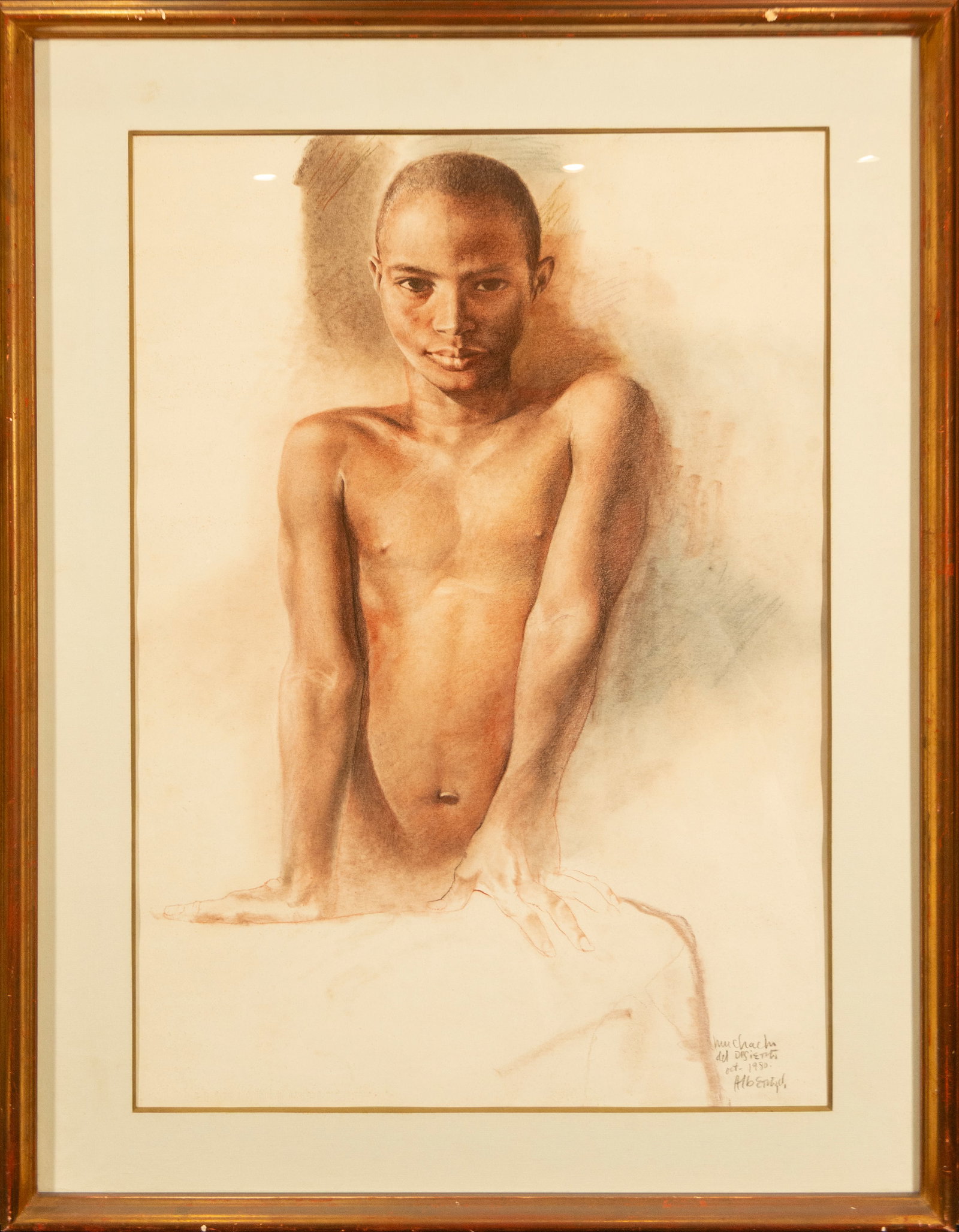 Girl from the District, signed, Spanish School, 20th Century: Drawing on paper, Dimensions: 72 x 49 cm and 91 cm. The portrait shows a young man with a bare torso, upright and with a serene expression, with a direct gaze that conveys confidence and freshness. Th