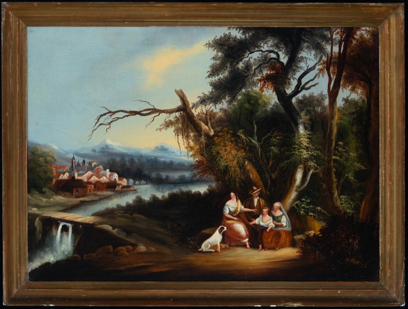 River landscape with figures and dog. Signed illegibly, European school, 19th century. (1 of 3)