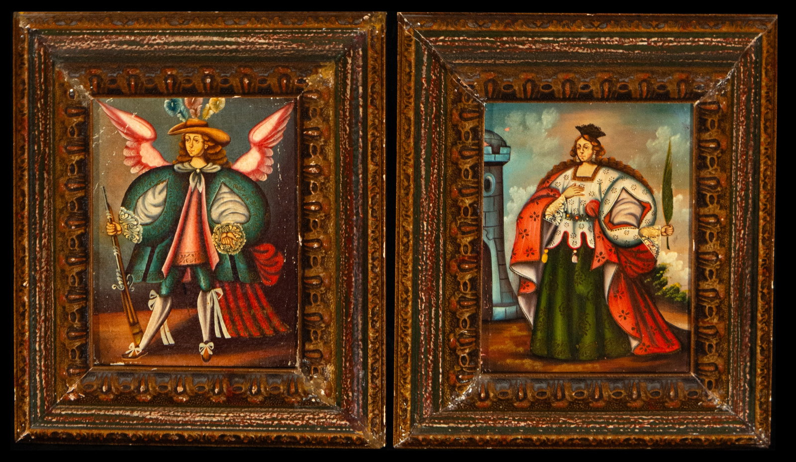 Pair of oil paintings on canvas, Hispanic American colonial school, 19th-20th century: Pair of colonial-era canvases on panel. Dimensions: 22 x 17 cm; framed: 37 x 30 cm. A set of two small compositions of a devotional and courtly nature. One depicts a standing, winged archangel with a 