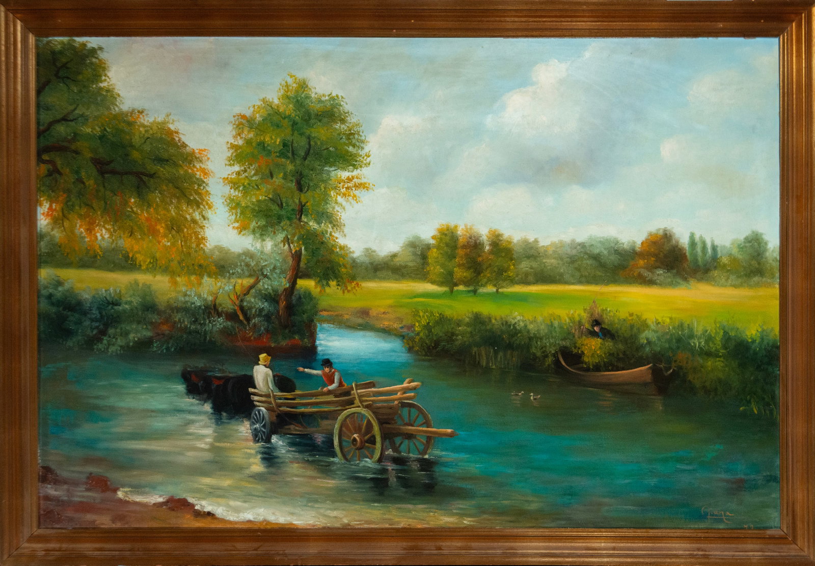 Cart crossing the river, Signed, European school, 20th century. (1 of 5)